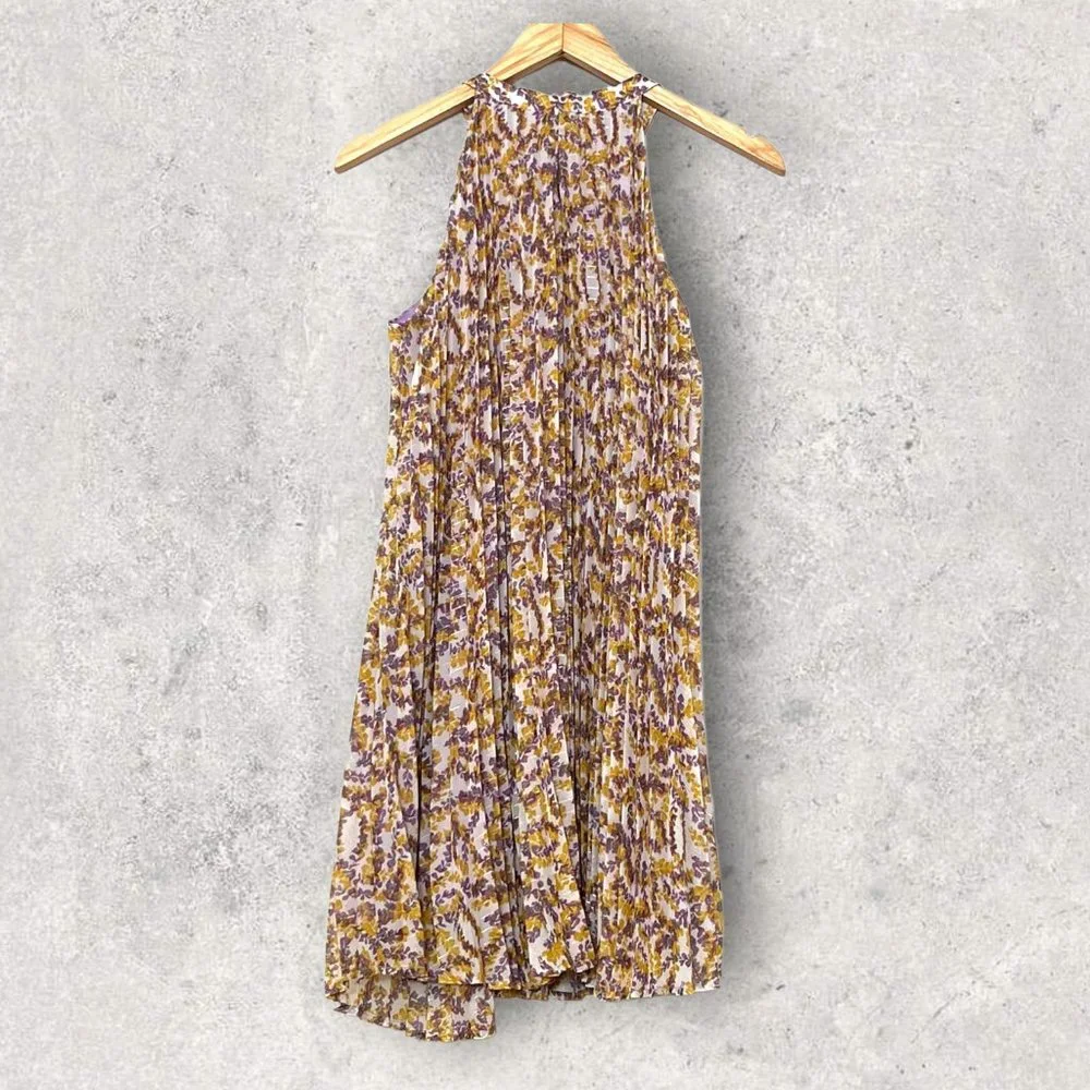 MELLODAY Women's Floral Pleat Dress Size S Sleeveless Yellow Purple - Picture 2 of 8